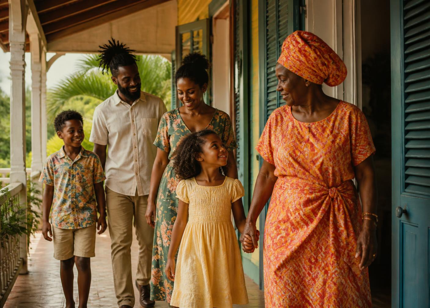 A multigenerational Caribbean family together on a sunlit veranda