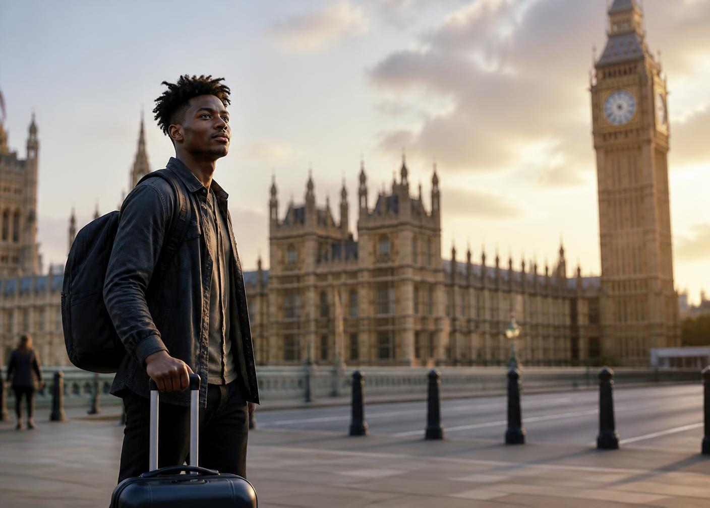 A Caribbean student arriving in London with luggage